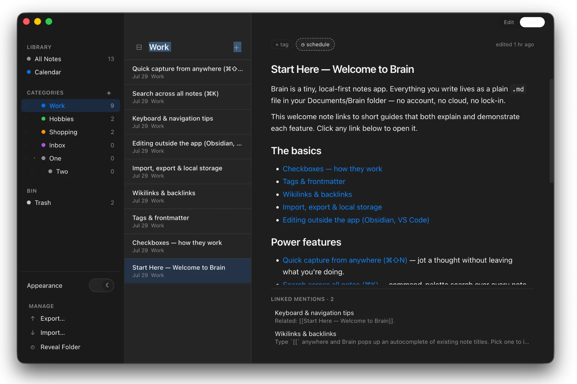 Brain app window showing a note with wikilinks, categories, and the quick-capture help note