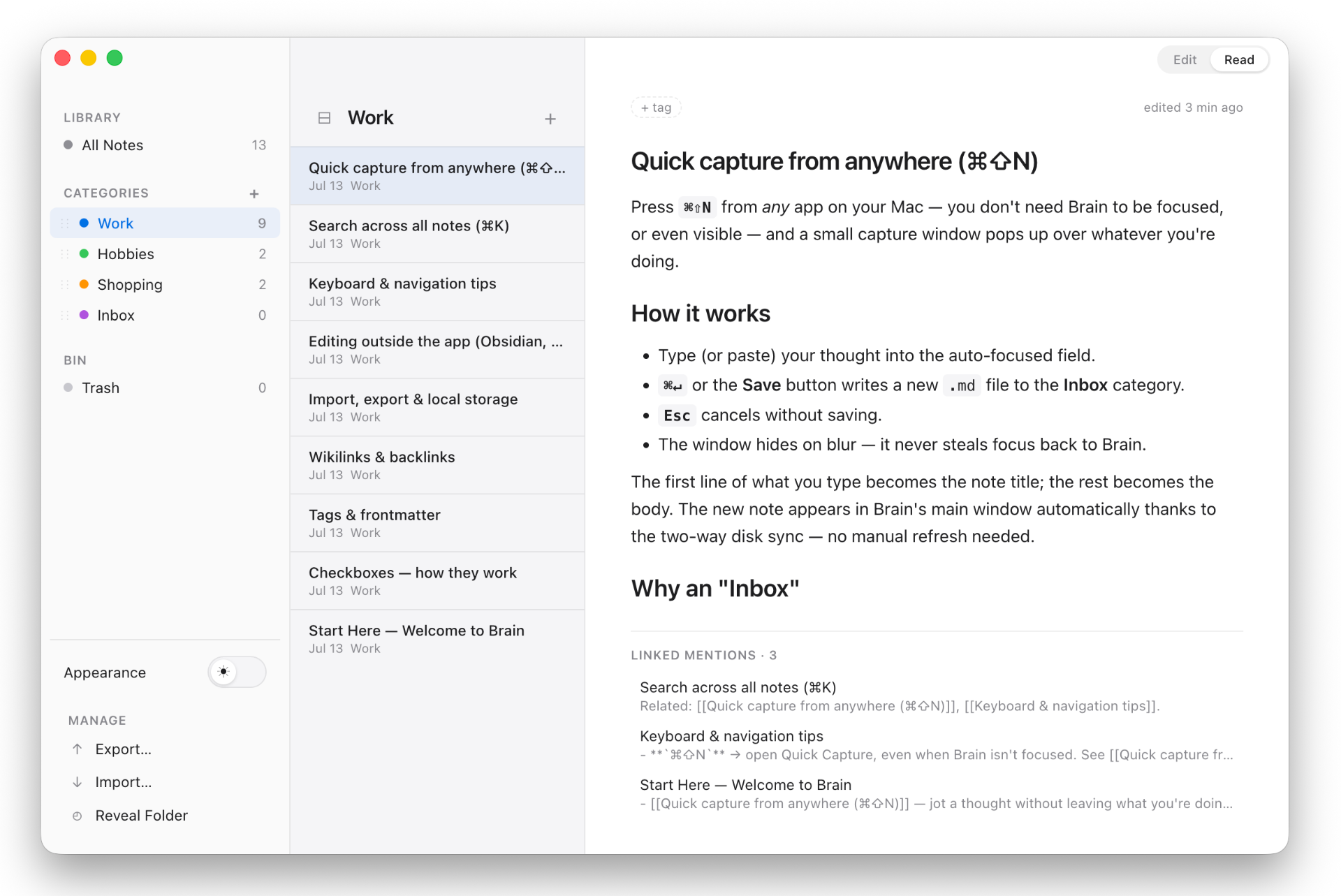 Brain app window showing a note with wikilinks, categories, and the quick-capture help note